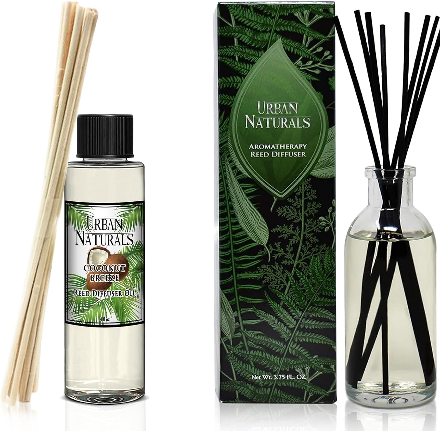 Urban Naturals Coconut Breeze Reed Diffuser Refill, 4 oz, Bundle with Coconut Breeze Reed Diffuser Set - Made with Essential Oils in The USA