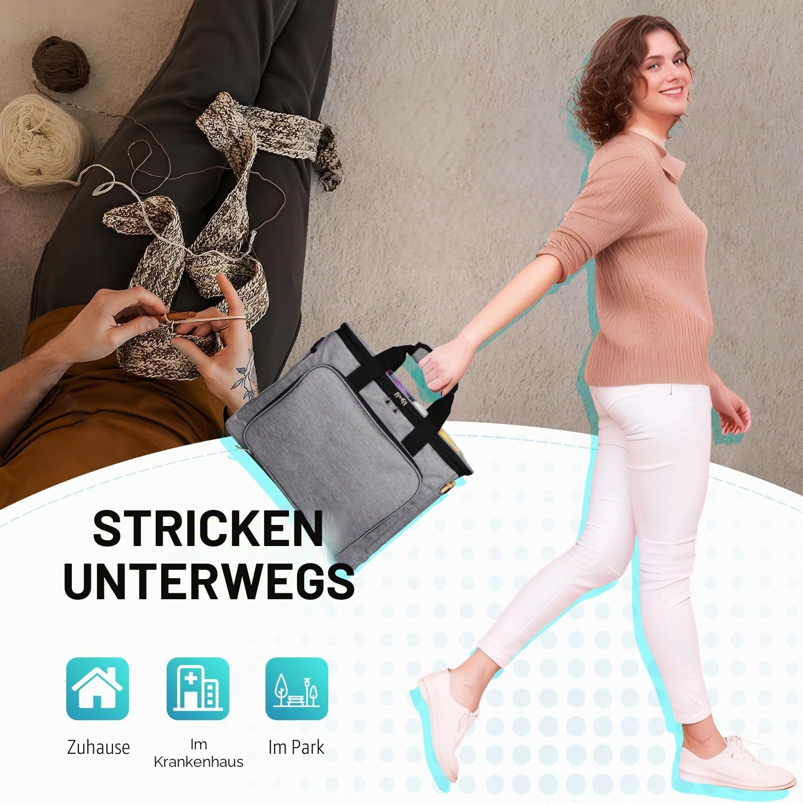 Aufbewahrungstasche für Wolle, Stricktasche Zur Garn aufbewahrung für Stricken, Häkeln, Stränge des Garns, Stricknadeln (bis zu 14 ”)