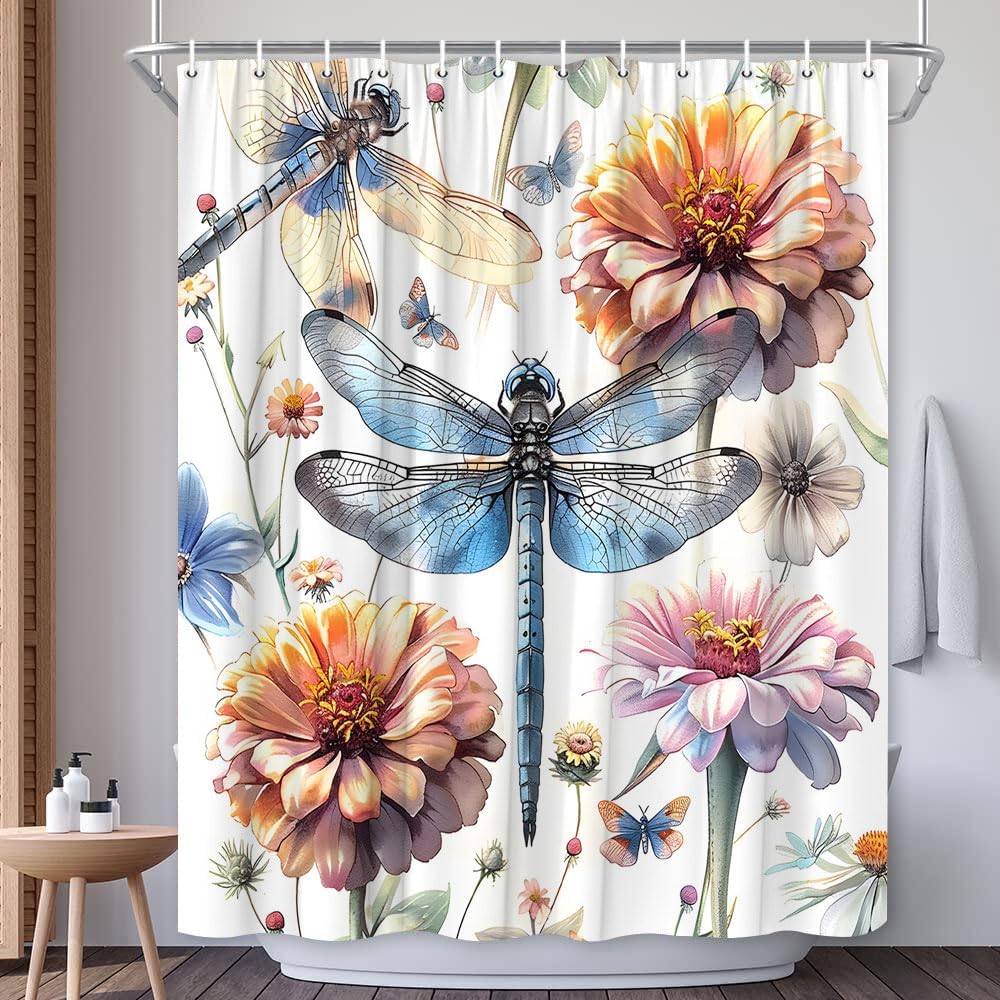 Dragonfly Flower Shower Curtain Watercolor Rustic Daisy Floral Butterfly Chrysanthemum Country Natural Botanical Bath Decor Polyester Fabric Curtains 106X70 Inch