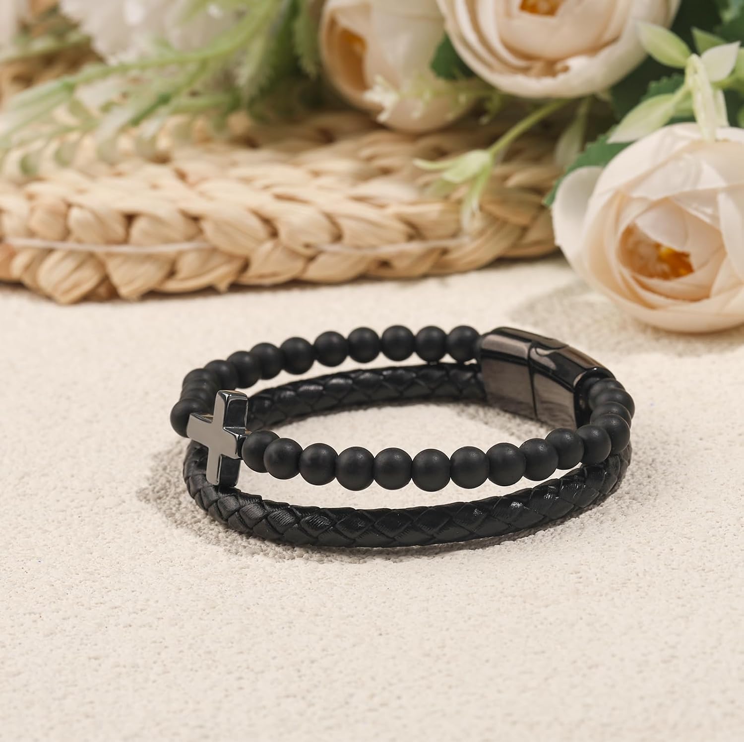 Cross Bracelet for Men,Inspirational Bible Verse Bracelets,Black Gemstone Agate Onyx Beaded Rosary Obsidian Bangle, Easter, Communion, Baptism, Christmas Gifts - Image 4