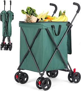 Folding Shopping Cart with Wheels,Foldable Shopping Cart for Groceries,Large Capacity 120lbs Utility Cart,Hulken Bag with Wheels for Laundry Grocery, Baggage, Picnic (Green)
