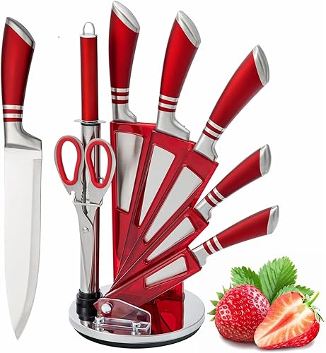 Juego de cuchillos de cocina, juego de 9 cuchillos rojos con bloque acrílico, cuchillo de chef de acero inoxidable de alto carbono antiadherente