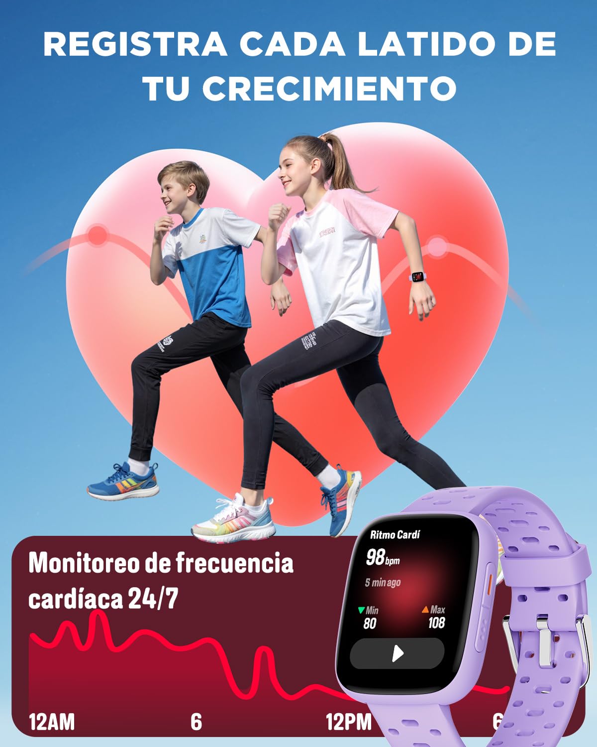 BIGGERFIVE Reloj Inteligente Niños Niñas, 1,8" Amoled Pulsera Actividad | Podómetro, Frecuencia Cardíaca, Resistente al Agua 30m, Monitor de Sueño, Despertador, Juegos con/sin App, Lila