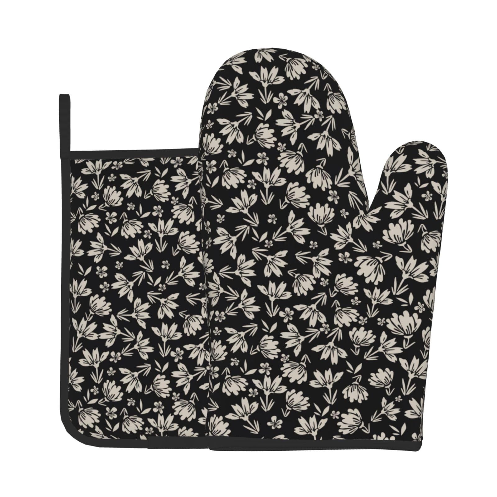 Vintage Floral Oven Mitts and Pot Holders Sets - Block Print Kitchen Mitts Potholders 2 Pack Heat Resistant Black Boho Oven Gloves Hot Pads for Kitchen Baking Grilling Party