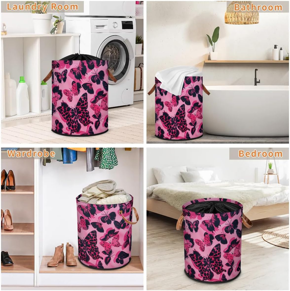 Butterfly Laundry Basket with Lid, Collapsible Large Drawstring Laundry Hamper Storage with Handle, Toy Clothes Storage Basket for Nursery Playroom