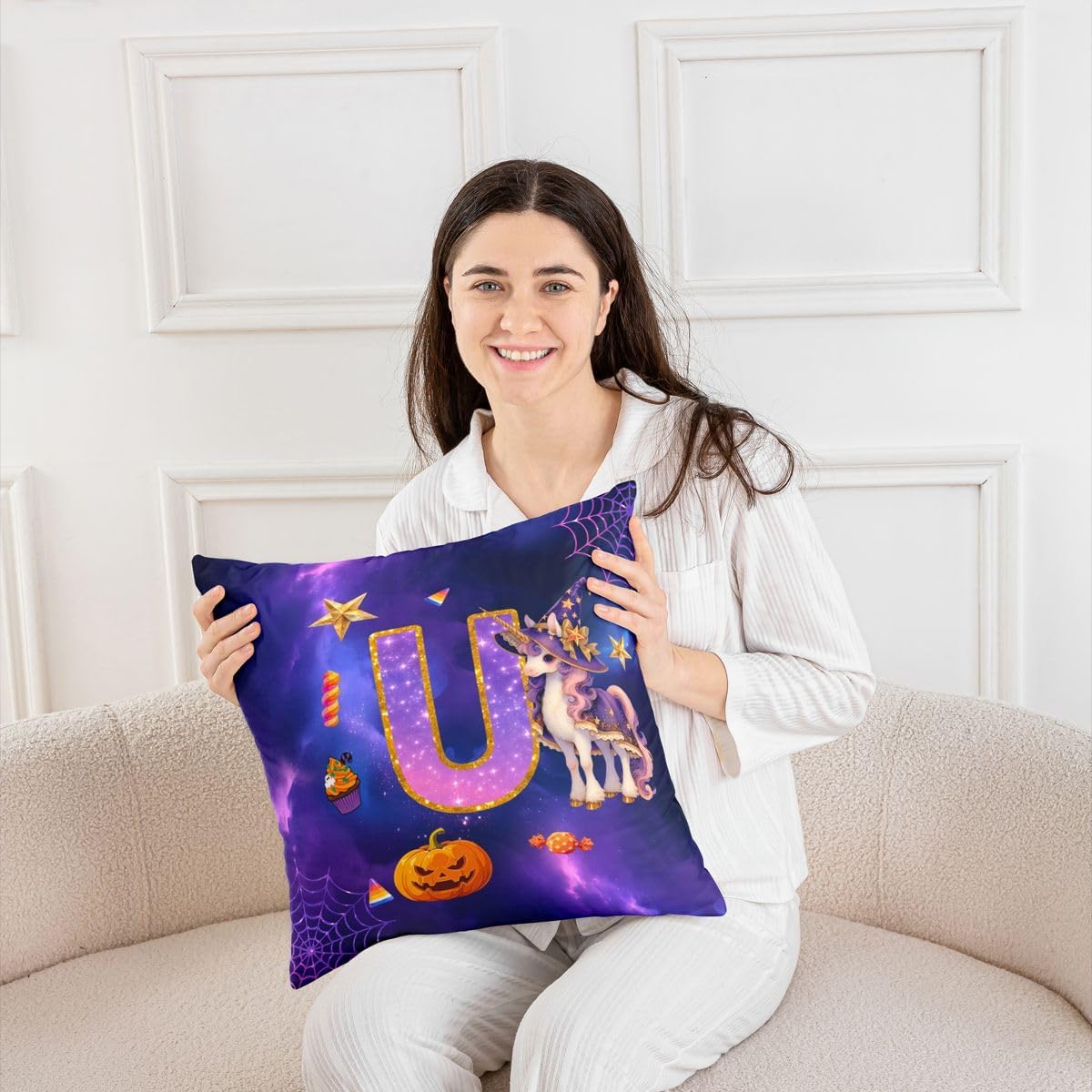 Happy Halloween Throw Pillow Cover,Unicorn Pumpkin Spider Web Cushion Cover 16"x16" for Kids Boys Girls,Letter Initial U Pillowcase for Car RV Livingroom,Purple U Pillow Cover,Single Pack image 4