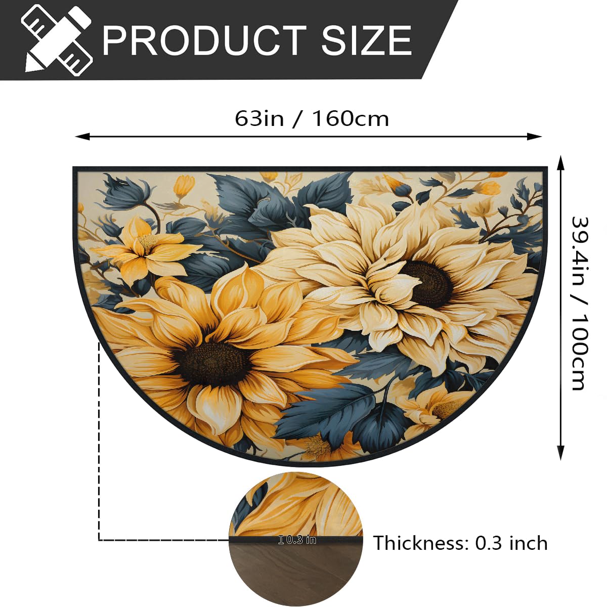 Mexpekil Paillasson bohème motif tournesols en demi-lune pour intérieur et extérieur - Tapis de sol antidérapant - Lavable - Absorbant la saleté - Demi-rond - 100 x 160 cm
