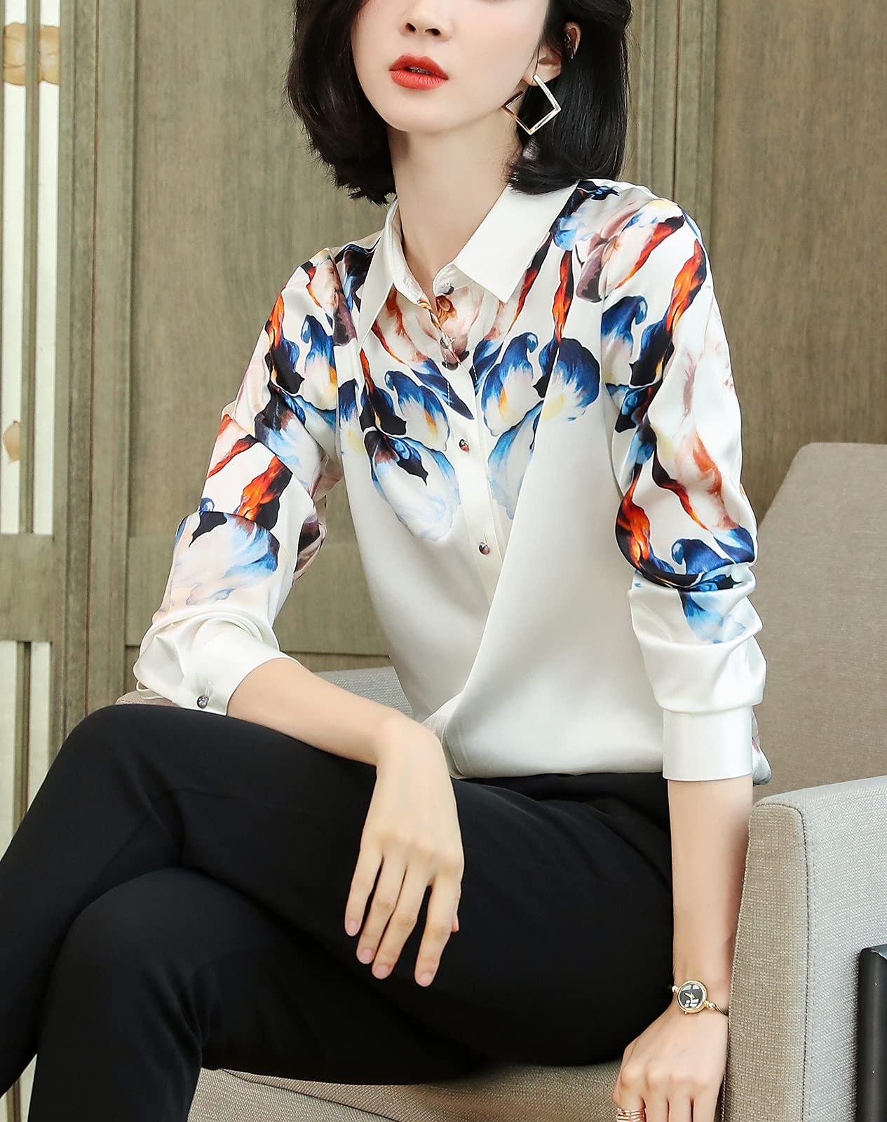 Valin S9099 - Camicia da donna con stampa a bottone, a maniche lunghe, in seta