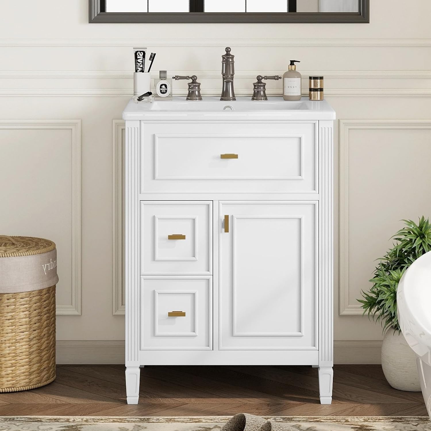 24 Inch White Bathroom Vanity with Ceramic Sink & Integrated Countertop,Modern Bathroom Vanity with 2 Left Side Drawers & Flip Drawer,Gold Handles,Adjustable Shelf & Door Oganizer,Solid Wood Frame