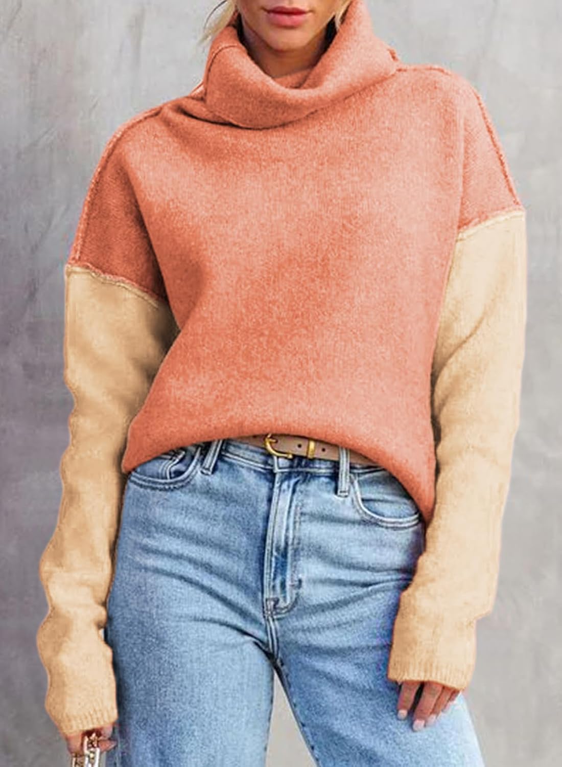 Dokotoo Womens Turtleneck Sweaters Casual Long Sleeve Color Block Side Slit Pullover Knit Jumper Tops - Image 2