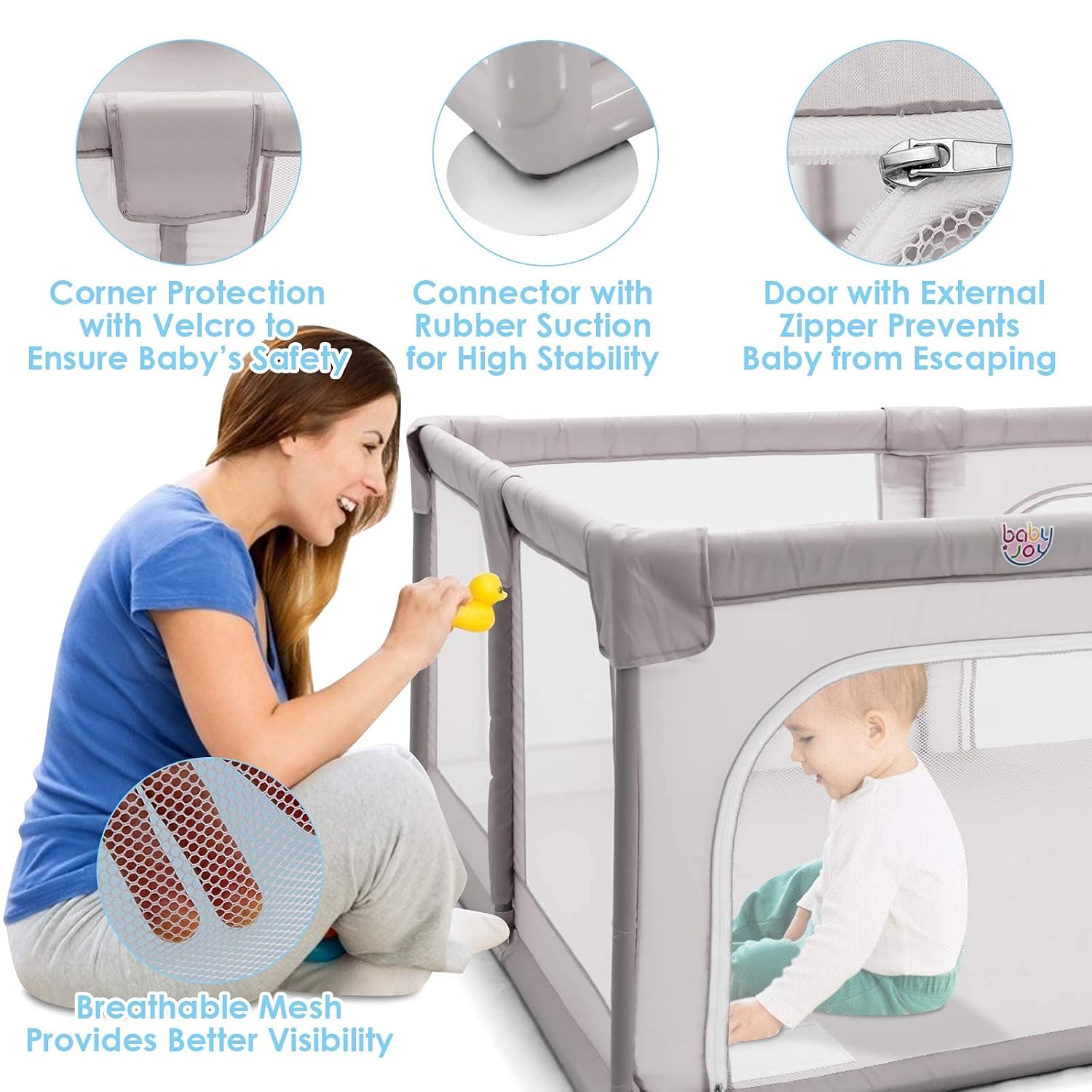 Costzon Baby Playpen, Extra Large Playard for Babies, Infant Safety Gates Indoor Outdoor, Children's Fences with Anti-Slip Suckers/Gates/Breathable Mesh Walls (75'' x 59'' x 27.5'', Grey)