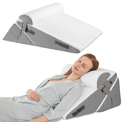 Sasttie Wedge Pillow Set for After Surgery, 2PCS Adjustable Bed Wedge Pillow Headboard with Memory Foam Neck Cushion – for Acid Reflux, Sleeping, Neck & Back Support, Dark Grey & White - Adjustable 9&12 Inch + 1 Head Pillow - Dark Grey & White
