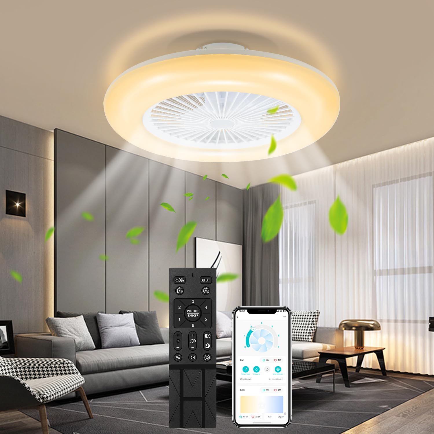 𝐅𝐨𝐠𝐦𝐢𝐞𝐚 Ventilatore da soffitto Fero con luce 80W, plafoniera a LED dimmerabile con ventilatore, 6 velocità, telecomando e app, modalità estate e inverno, 3000–6500K, Ø 55CM