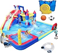Vista 1 de Parque acuático inflable grande, 19 x 17 x 8 pies, casa de rebote de agua 10 en 1 con soplador, piscina de doble salpicadura, cañón de agua