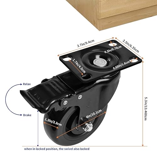Miniatura 6 de Ruedas giratorias de goma de 4 pulgadas con bloqueo doble de seguridad, ruedas resistentes de 1800 libras, juego de 4 unidades, color negro (todas