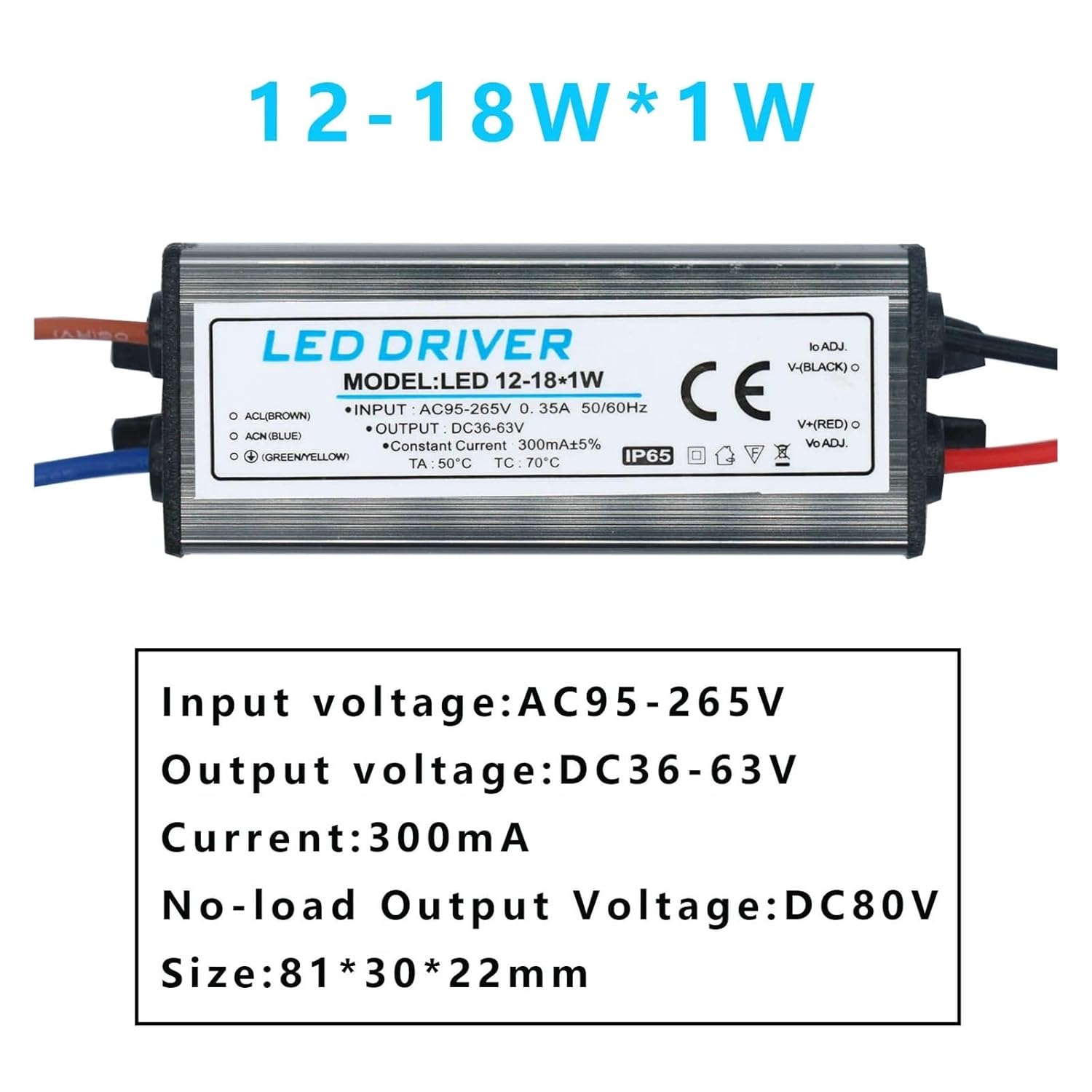 LED Driver 1-3W 4-7W 8-12W 12-18W 18-24W 25-36W AC95V-265V Power Supply 300mA Waterproof IP65 Lighting Transformer(18-25W DC54-90V)