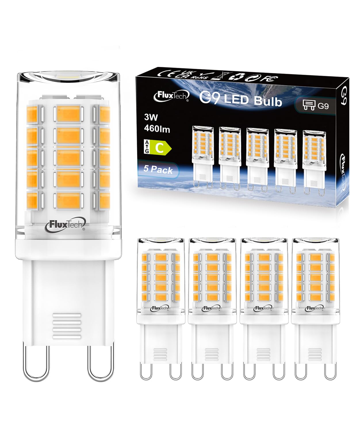 FluxTech G9 LED Bulbs Warm White 3000K, Energy Class C, 3W (40W/50W Halogen Equivalent), 460 Lumen, Non-Dimmable, 5 Pack — image 1