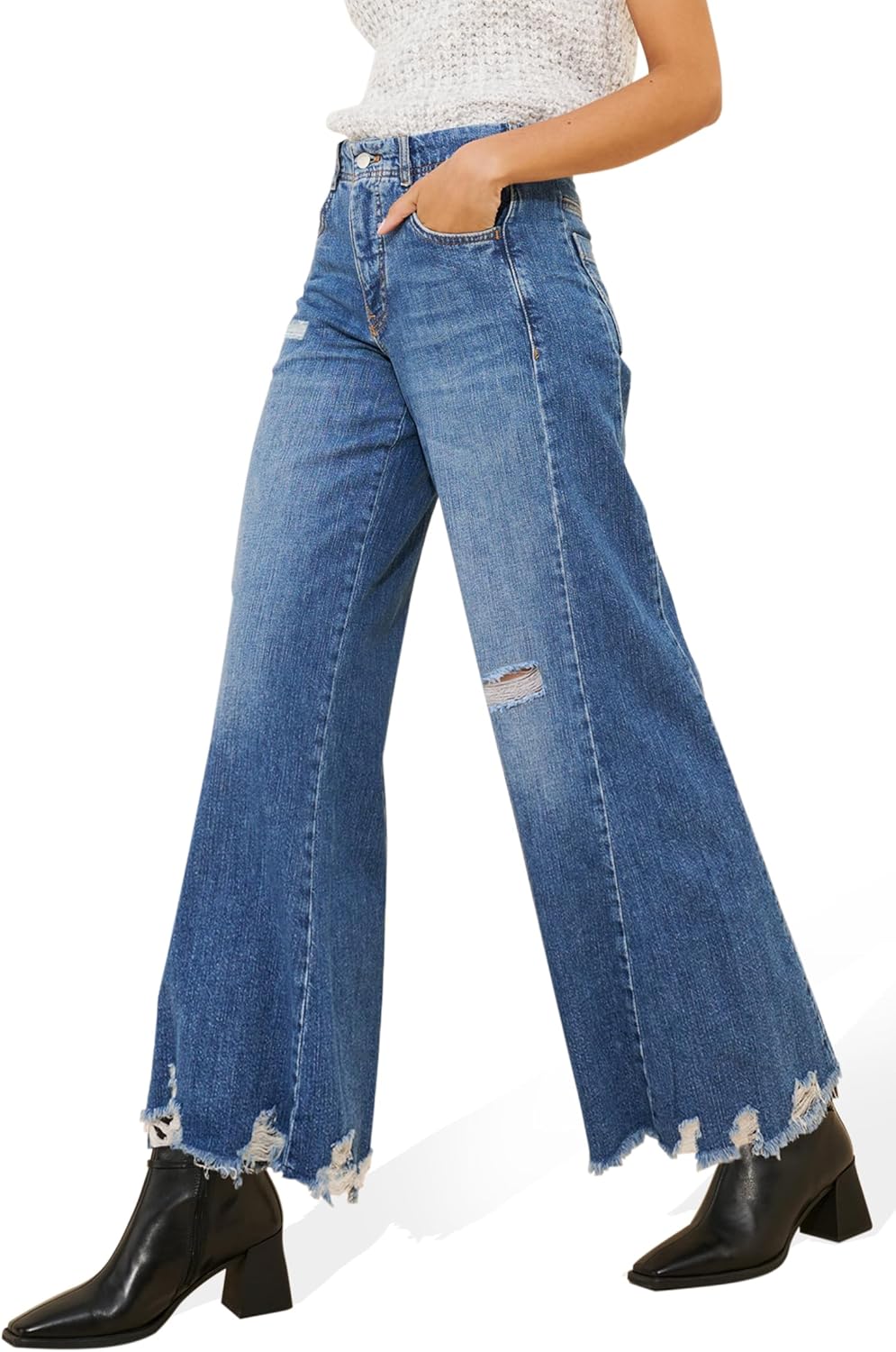 Women's High Waisted Wide Leg Jeans Ripped Distressed Frayed Raw Hem Denim Pants 2025 Trendy - Image 3