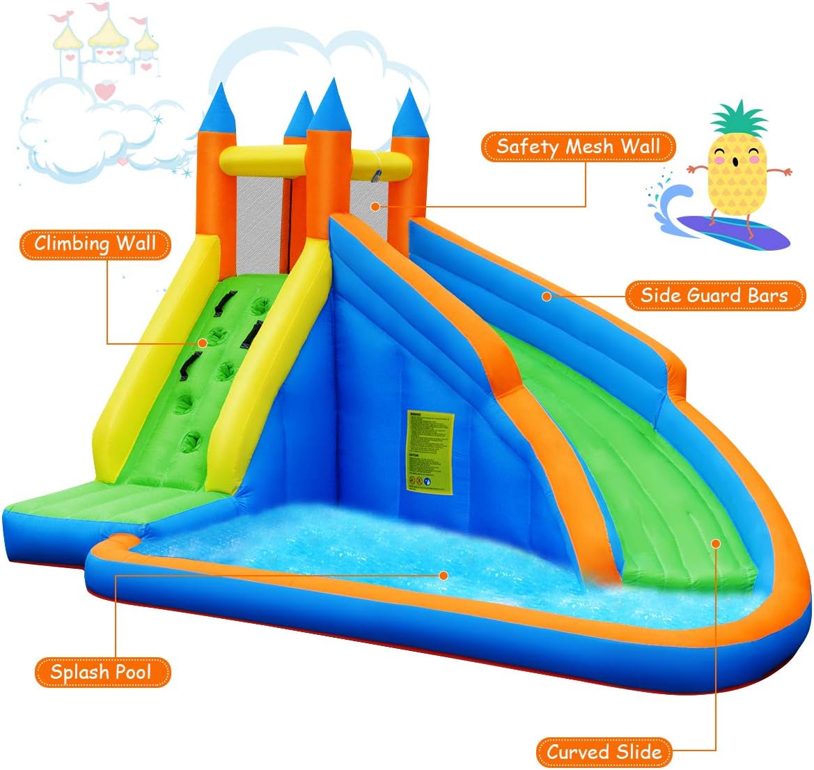 Diagrama que mostra les característiques etiquetades del castell inflable GYMAX, com ara el rocòdrom, la malla de seguretat, les barres de protecció laterals, la piscina d'esquitxades i el tobogan corbat.
