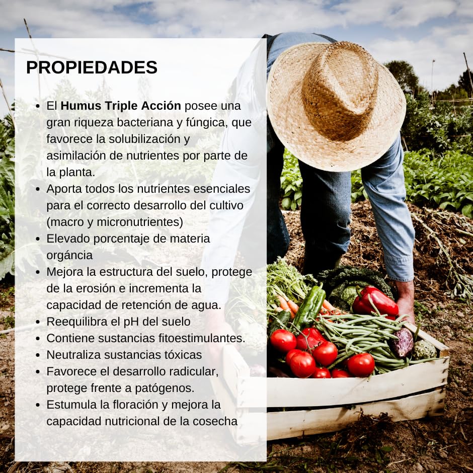 Humus Triple Acción 40L. Humus de lombriz enriquecido con biochar y harina de basalto. Regeneración del terreno y nutrición completa para tus cultivos. Natural y ecológicos