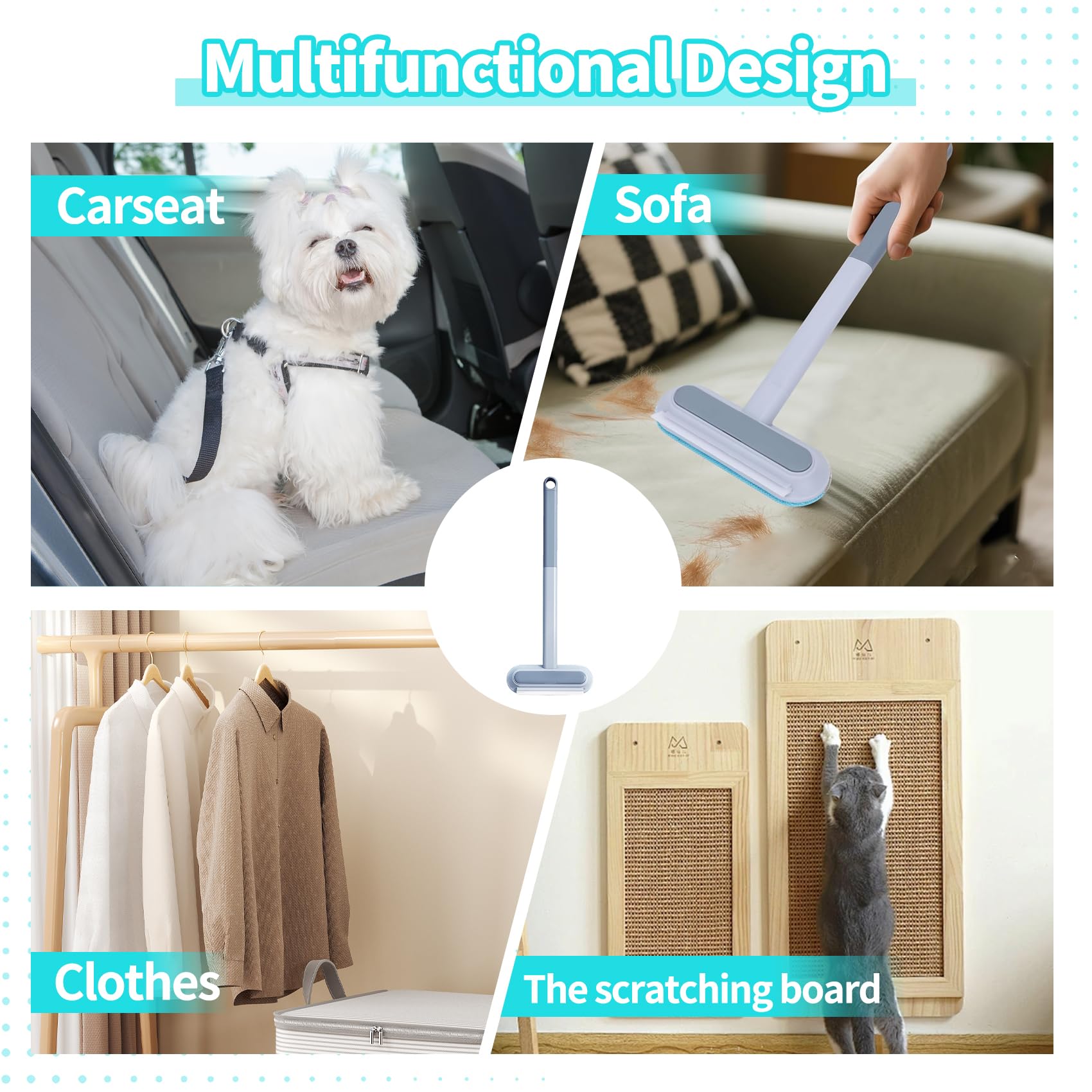 Pet Hair Remover Brush - Reusable Multifunctional Pet Hair Removal Tool for Furniture, 4 in1 Cat and Dog Hair Removal, 17.3Inch Adjustable Long Handle, Gentle on Couch Carpets Bedding (1 Set) - image 7