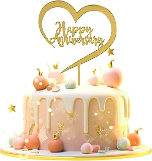 Happy Anniversary Cake Topper,Gold Acrylic Cake Toppers for Anniversary Party Wedding Memorial Day Supplies Party Cake Decor