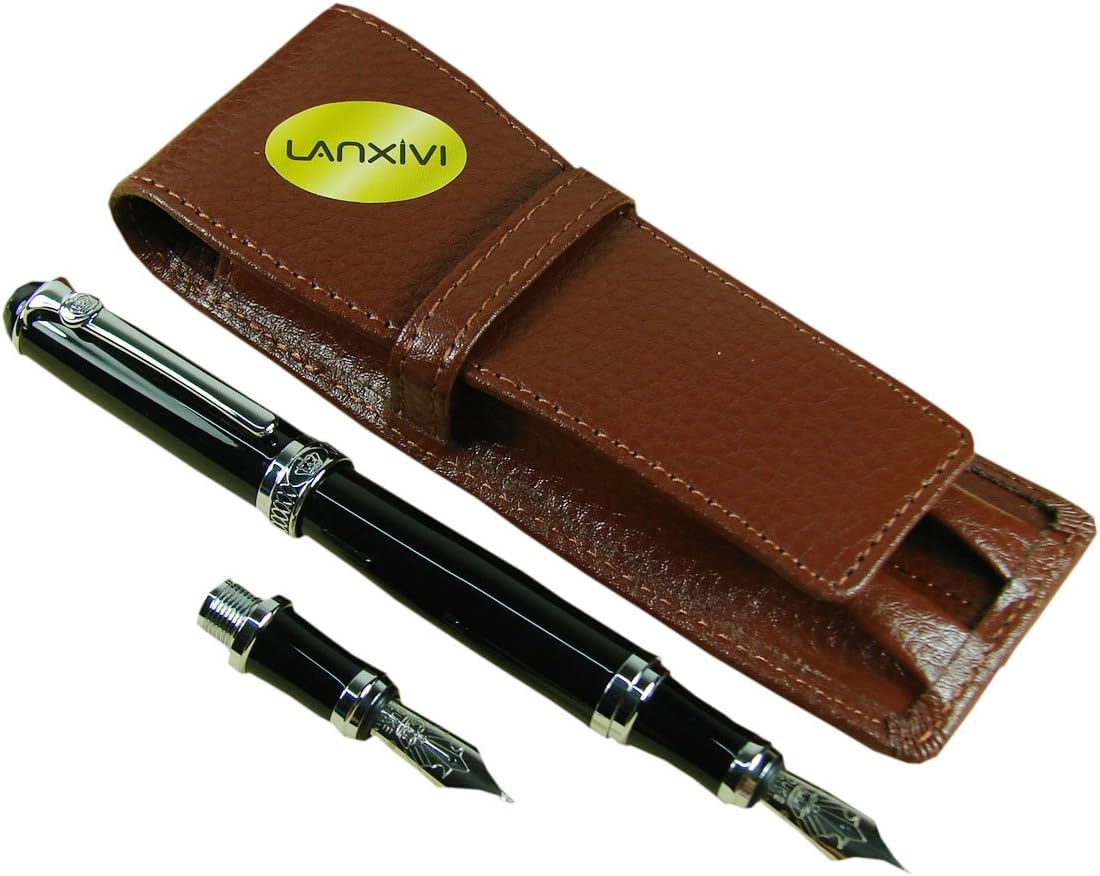 Lanxivi Duke Black Fountain Pen Fude Pen Nib Interchangeable Calligraphy broad Pen Coffee Leather Pen Case Set