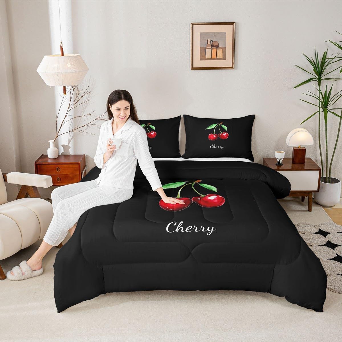 Homewish Cherry Comforter Set Queen Size,Tropical Fruit Bedding Set 3pcs for Kids Teens Adult Room Decor, Solid Black Background Quilt Set Concise Vintage Duvet Insert with 2 Pillowcases