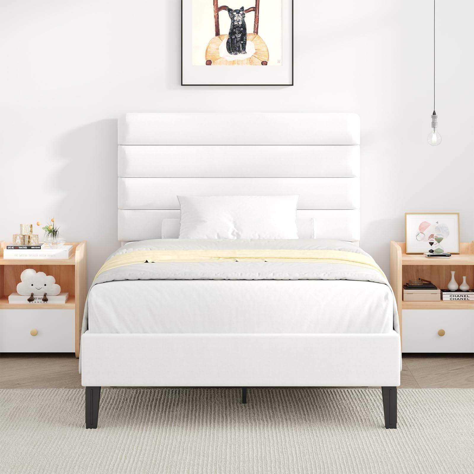 Twin Bed Frame with Velvet Upholstered Headboard, Platform Bed No Box Spring Needed, Wood Slats Metal Frame 600 lbs Support, Noise-Free Easy Assembly for Bedroom, Guest Room, Kids Room, White
