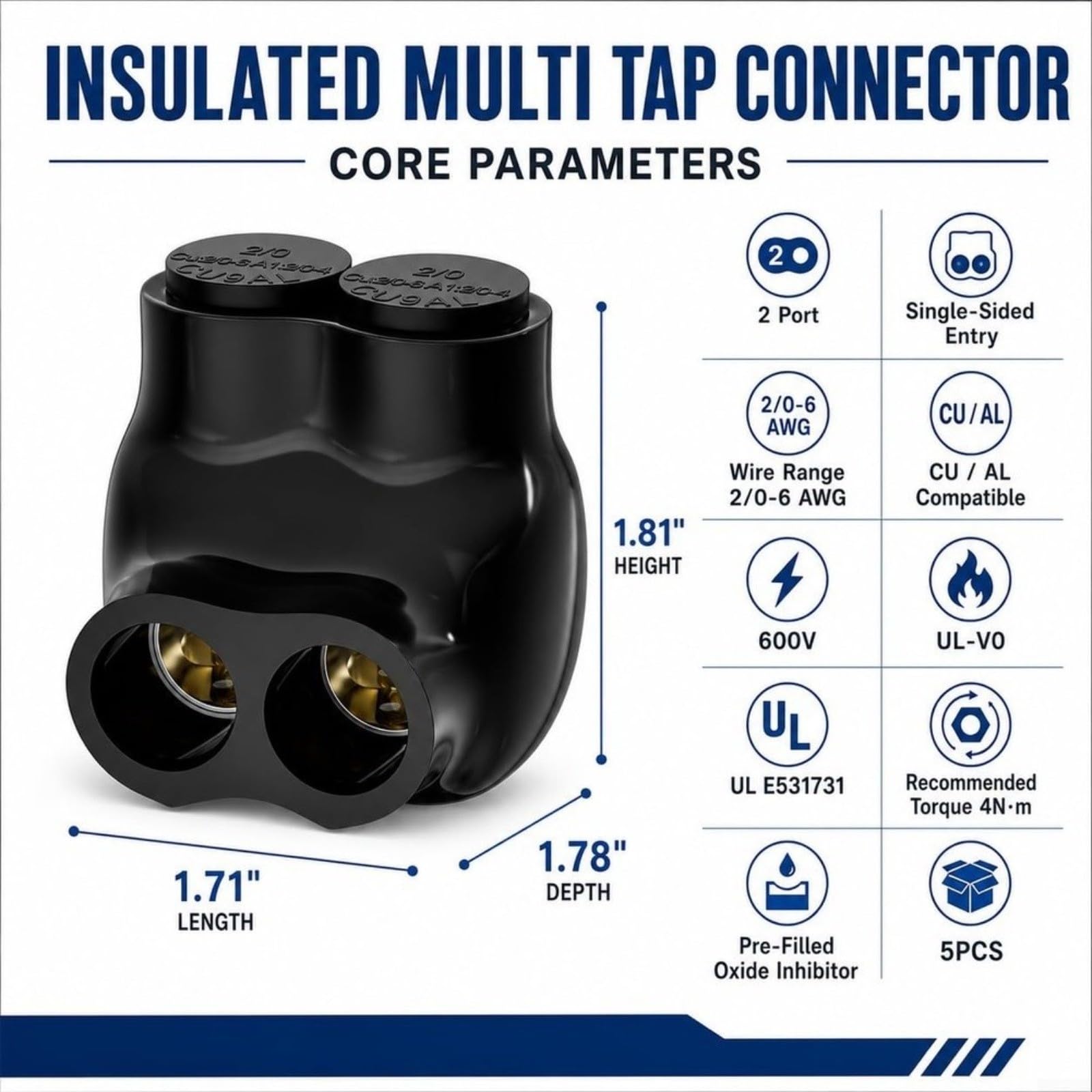 Connettori isolati per cavi 2/0-6 AWG (5 pezzi), certificati UL per fili Al/Cu, con inibitore di ossido, morsetto di derivazione multiplo ignifugo 600 V per connessioni di alimentazione sicure, nero