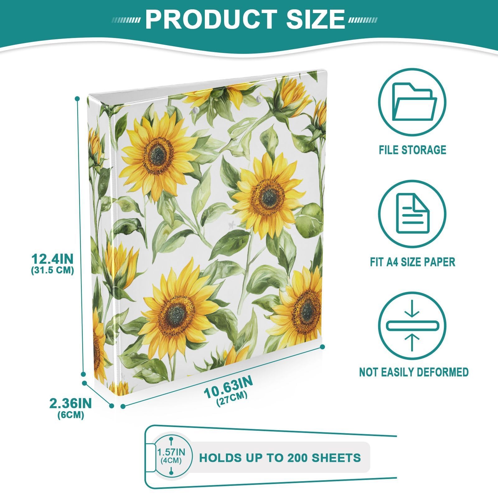 Raccoglitore ad anelli con 3 anelli, 3,8 cm, motivo girasoli, decorativo, con clip in metallo, formato A4, organizer per casa e ufficio, confezione da 2