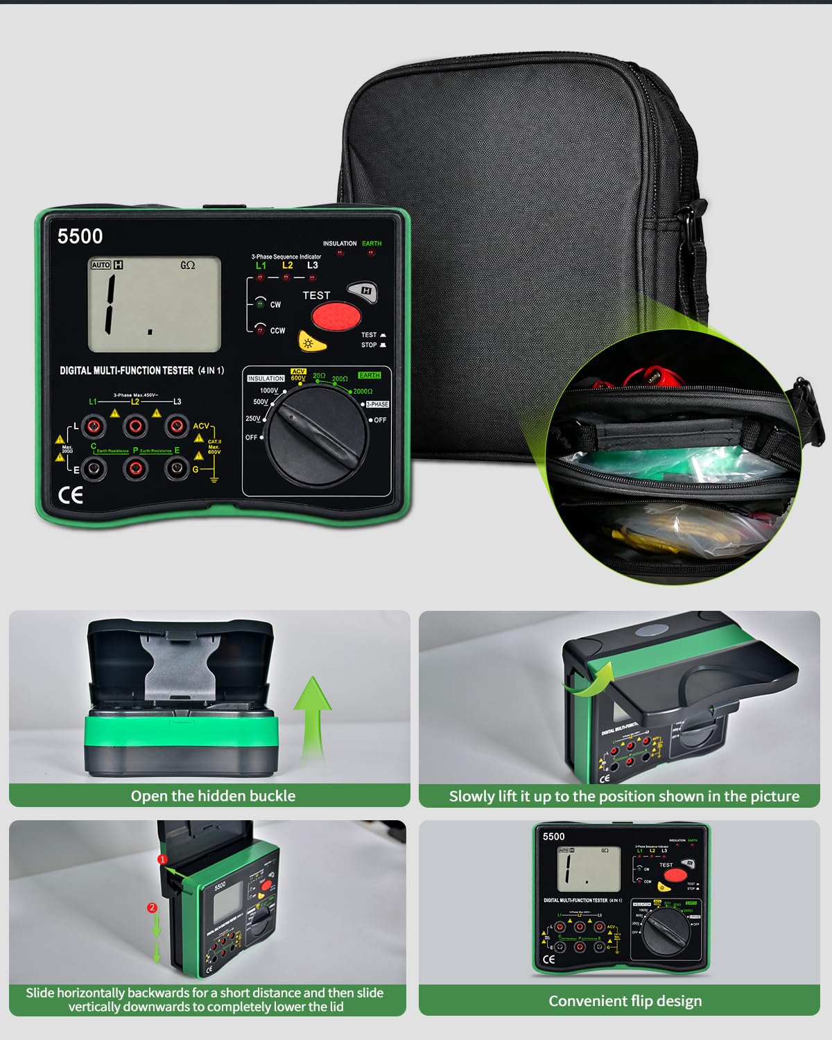 Misuratore di Resistenza Terra, 20GΩ Megohmetro Voltmetro Rilevatore di Sequenza Fase 4in1 Multimetro, Earth Insulation Resistance Tester Tensione CA 600V per Motori/Cavi/Trasformatori/Condensatori