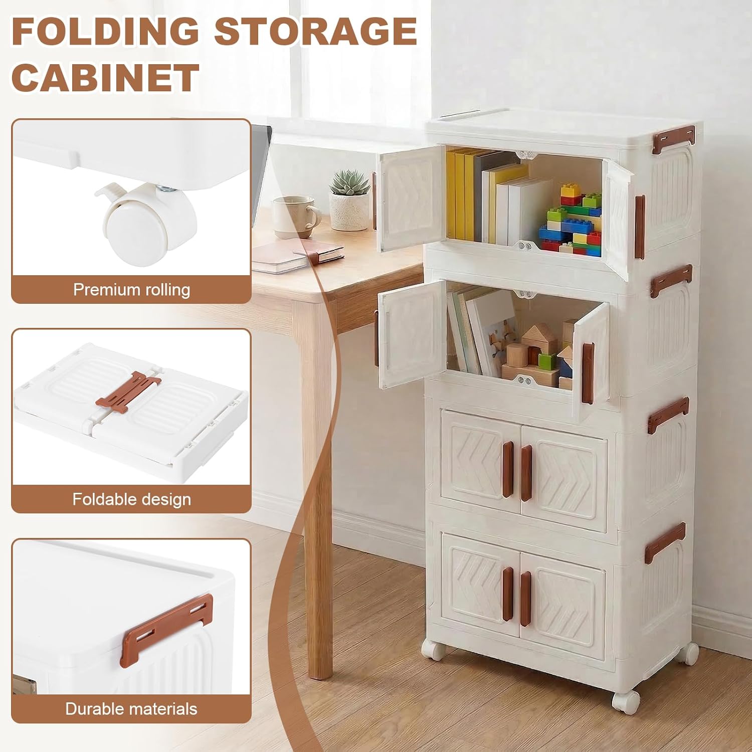 4 Tier Stackable Storage Bins with Lids & Magnetic Doors, Plastic Collapsible Storage Bins with Wheels Stackable Storage Containers Organizers Cabinet for Entryway