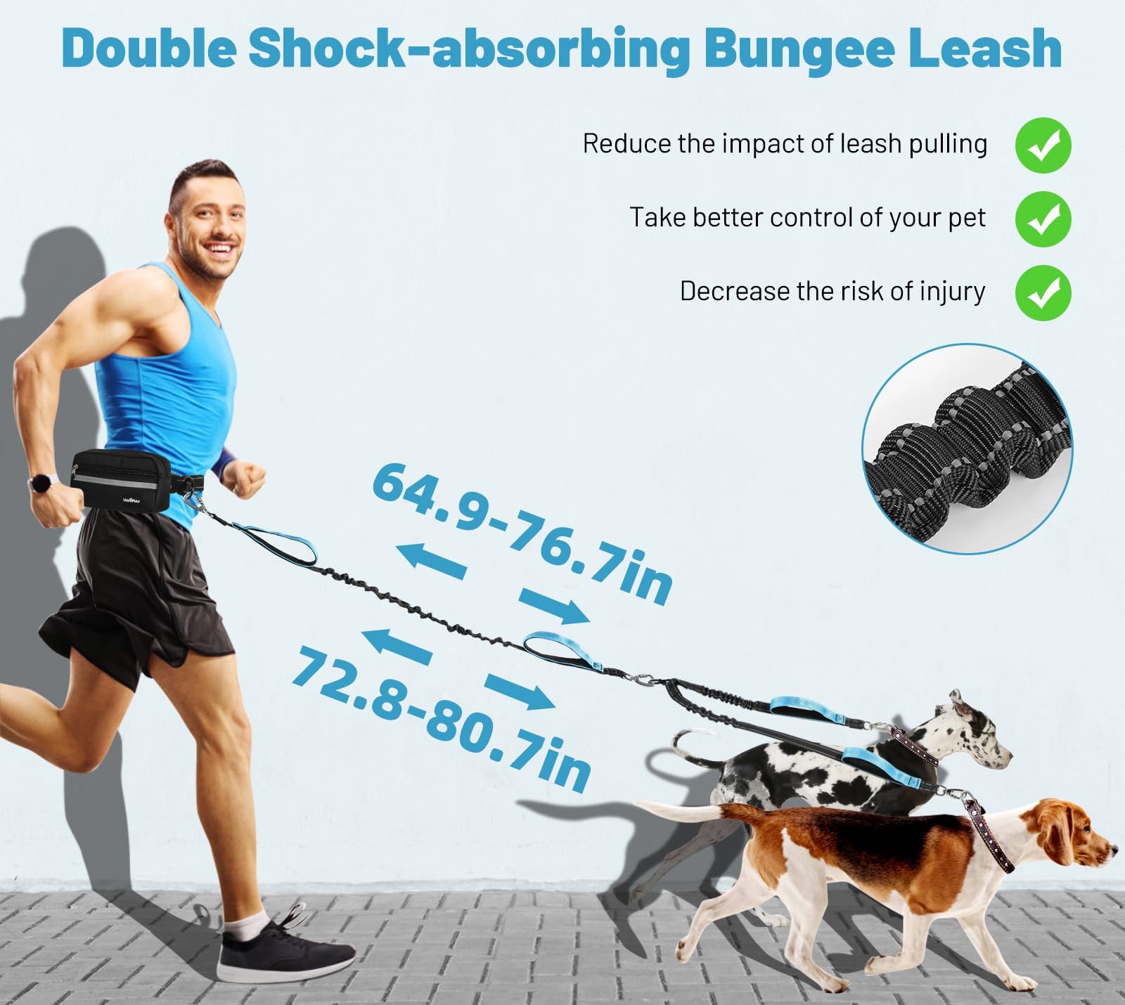 VavoPaw Hands Free Dog Lead for 2 Dogs with Pouch, Dog Running Lead, Reflective Adjustable Waist Walking Belt - Image 3