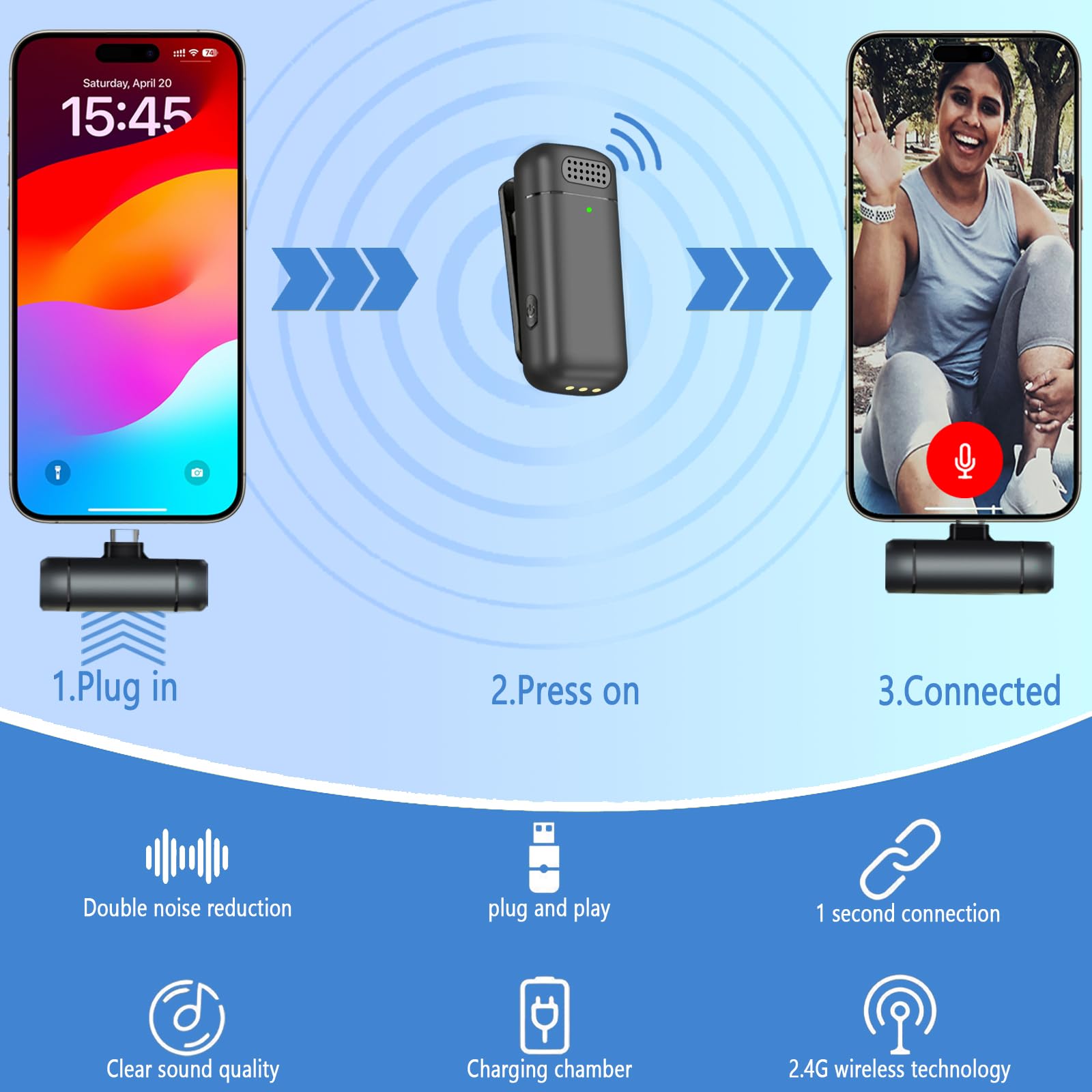2 micrófonos Lavalier inalámbricos 3 en 1 para iPhone, iPad, USB C, Android, portátil, con funda de carga, micrófono de solapa con clip, mini micrófono inalámbrico para grabación de video, vlogging