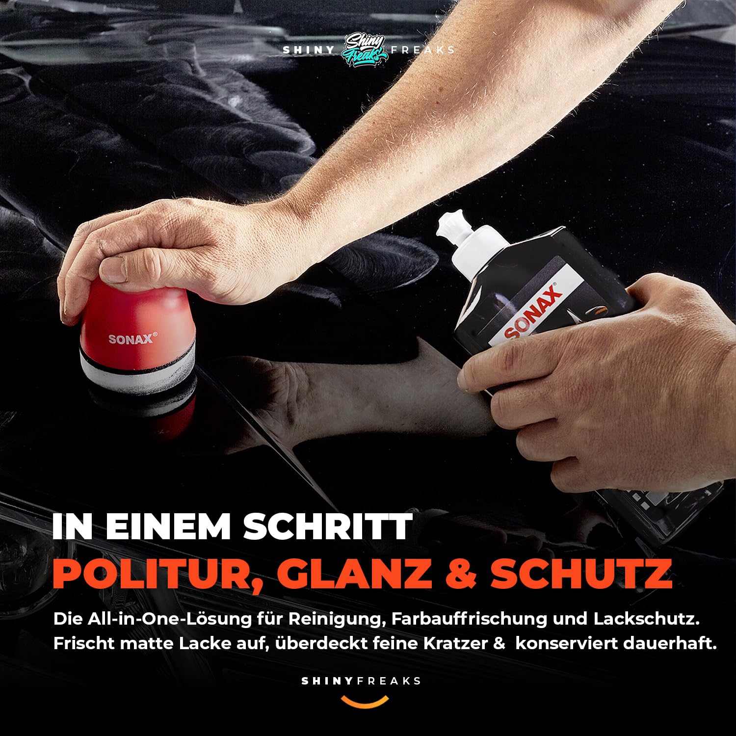 Politurset: SONAX Polish+Wax Color schwarz (500 ml) Auto Politur mit schwarzenFarbpigmenten und Wachsanteilen +Applikator + Mikrofasertücher | mühelos zum perfekten Polierergebnis | 6-Teilig