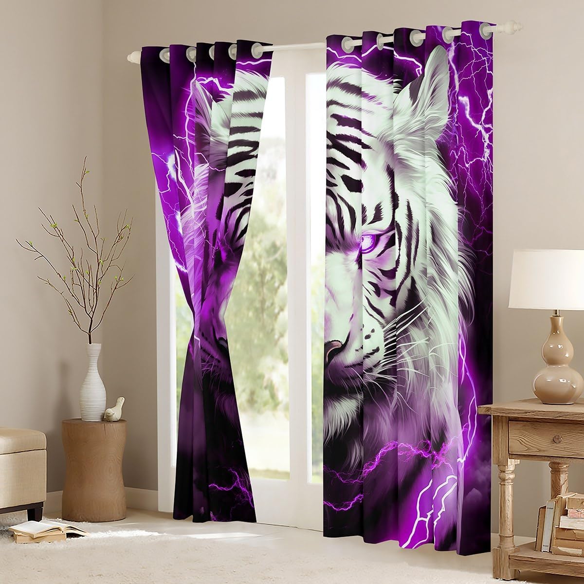 3D Tiger Window Curtain,Neon Purple Lightning Window Treatment Curtain White Black Tiger Wild Animals Curtains for Kids Boys Teens Men Bedroom Decor, Window Drapes,2 Panels,42Wx63L