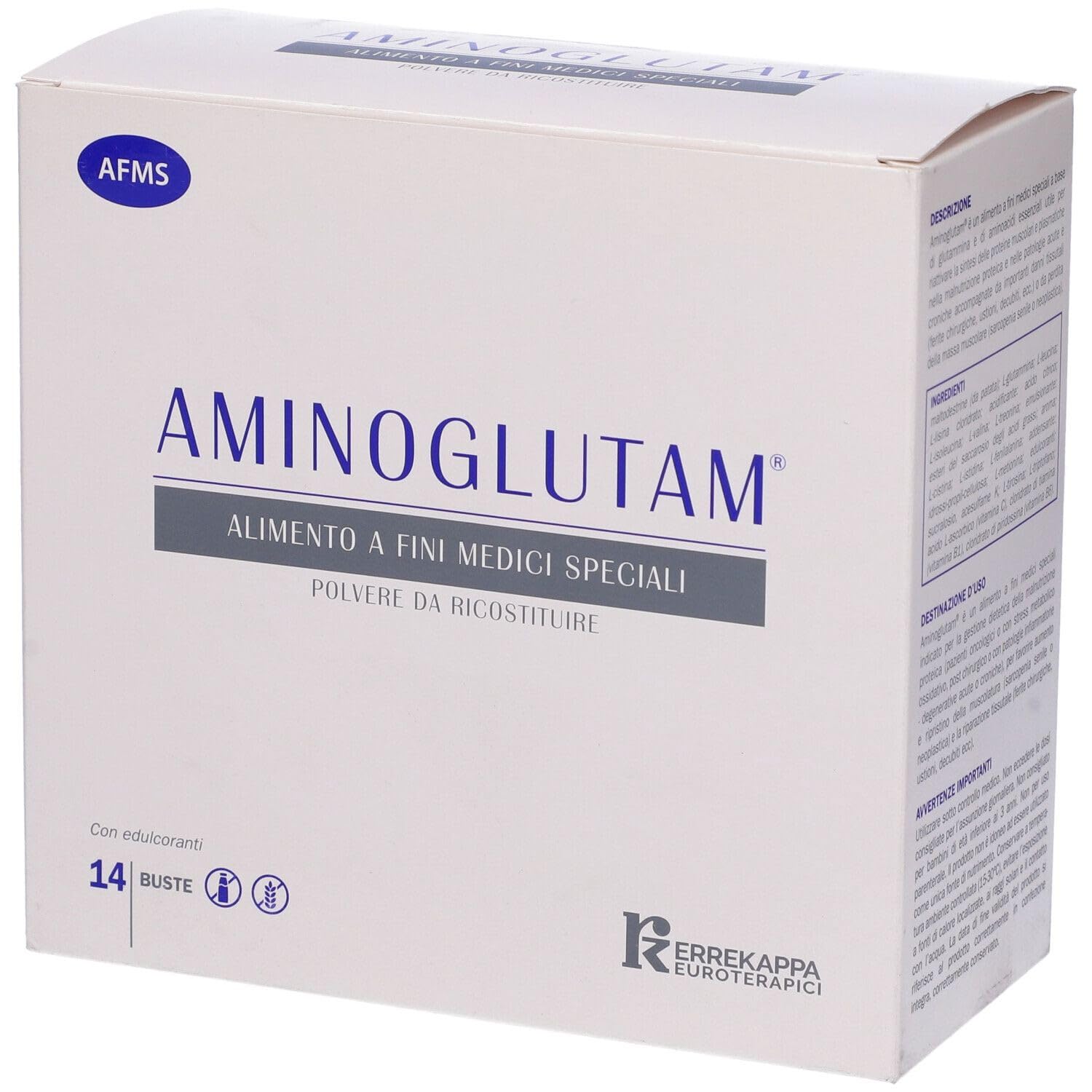 Errekappa Euroterapici - Aminoglutam® Alimento a Fini Medici Speciali con Aminoacidi Essenziali, Glutammina e Vitamine Aiuta Sintesi Proteine e Ripristino Massa Muscolare con Vitamina C, 14 Buste 25gr
