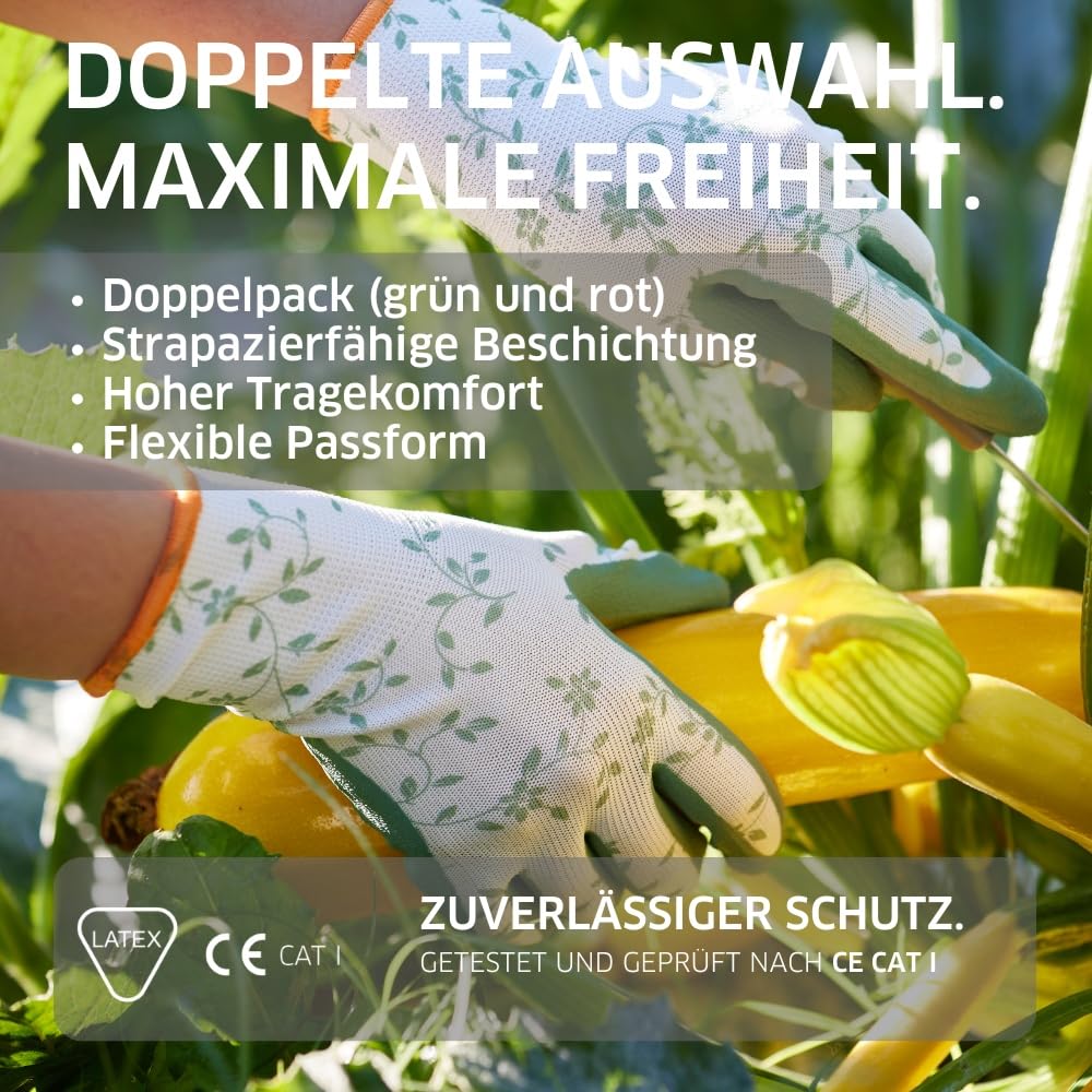 Gebol Flower Duo, 2 pary damskich rękawic ogrodniczych, rękawice robocze z powłoką lateksową i wzorem kwiatowym, oddychające, z uchwytem, do ogrodu i montażu - rozm. S (rozm. 7), czerwone/zielone