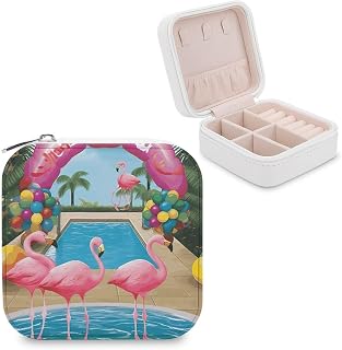 Small Travel Jewelry Case for Women Portable Compact Jewelry Organizer Box | Flamingo And Swimming Pool Jewelry Box Mini Cute Jewelry Storage Holder for Rings Earrings Necklace Bracelet Bangle