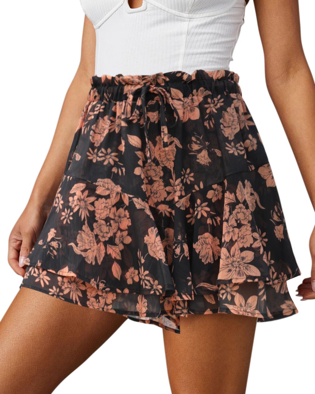 Aoudery Damen Flowy Shorts – lässige Boho-Blumen-Skort mit Rüschen, Minirock, Lauf- und Tennis-Shorts aus Chiffon, fließend
