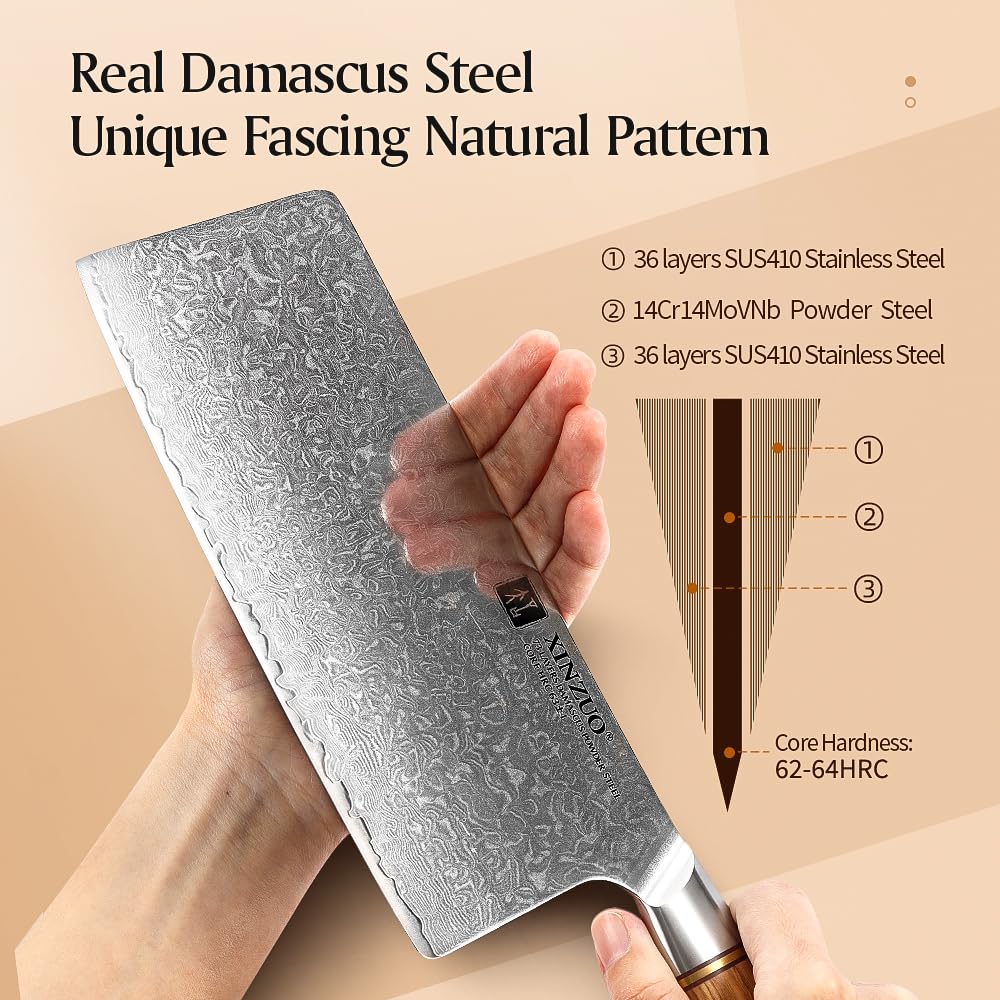 XINZUO Cleaver Knife 7.5 Inch, 73 Layer Damascus Steel Powder Steel Core Chinese Chef's Knife, Multifunction Vegetable Meat Slicing Knife with Olive Wood Handle -Lan Series — Amazon image 3
