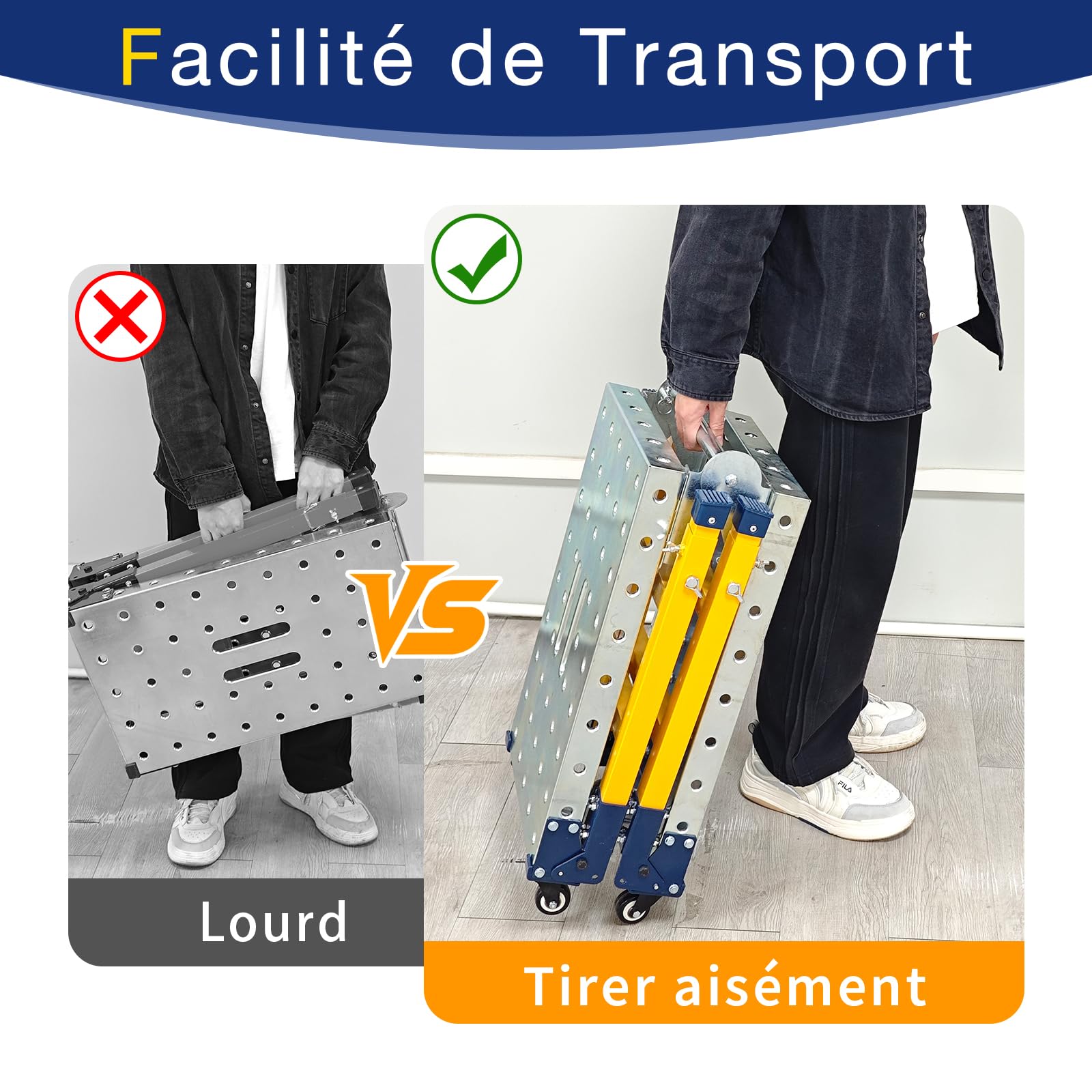 VKE Plateforme de Travail 120 × 36 × 90 CM en Tôle Galvanisée, 500 KG Capacité de Charge, Échafaudage Portable, Table de Soudure Pliant avec 4 roulettes Universelles, Réglable en Hauteur