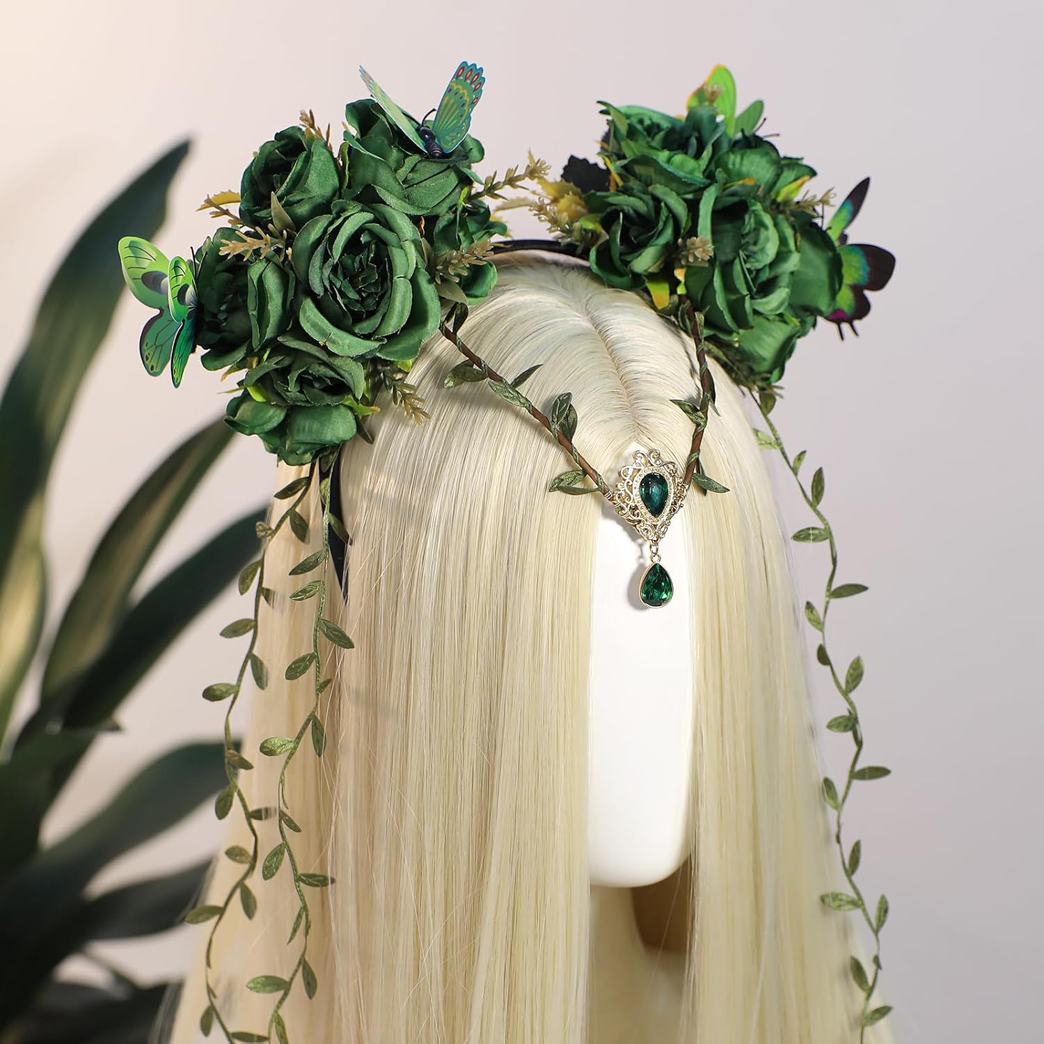 MOSTORY Green Fairy Flower Headpiece - Elf Crown with Butterfly for Woodland Fairy Costume, Forest Floral Headband for Renaissance Accessories Women Renfaire Halloween Fantasy Cosplay