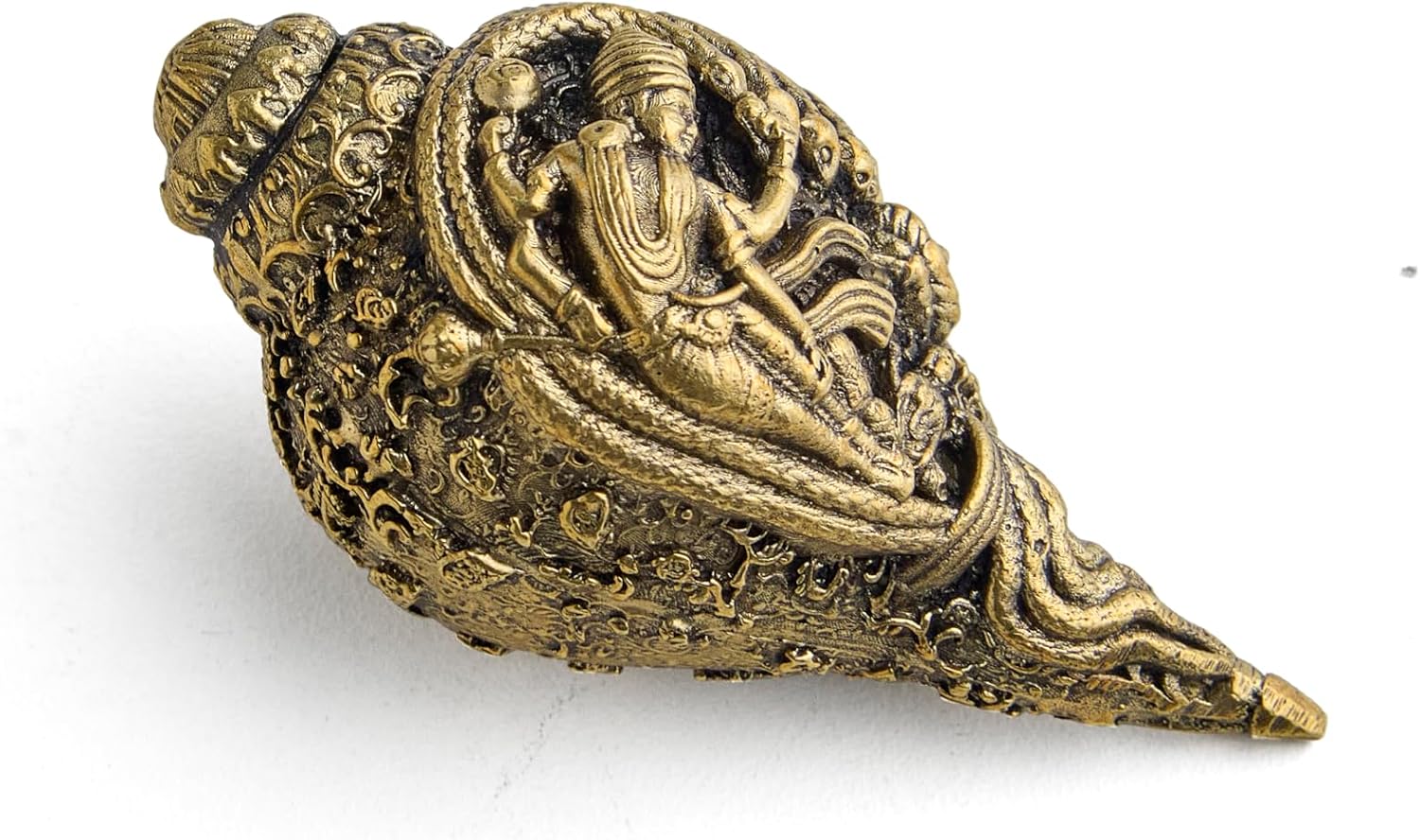 ESPLANADE Brass Narayan Shankh, Vishnu Conch Shell with Vishnu God, Laxmi Maa, and Sheshnag Engraved, 3-Inch Pooja Item, Antique Collectible Piece Light Weight