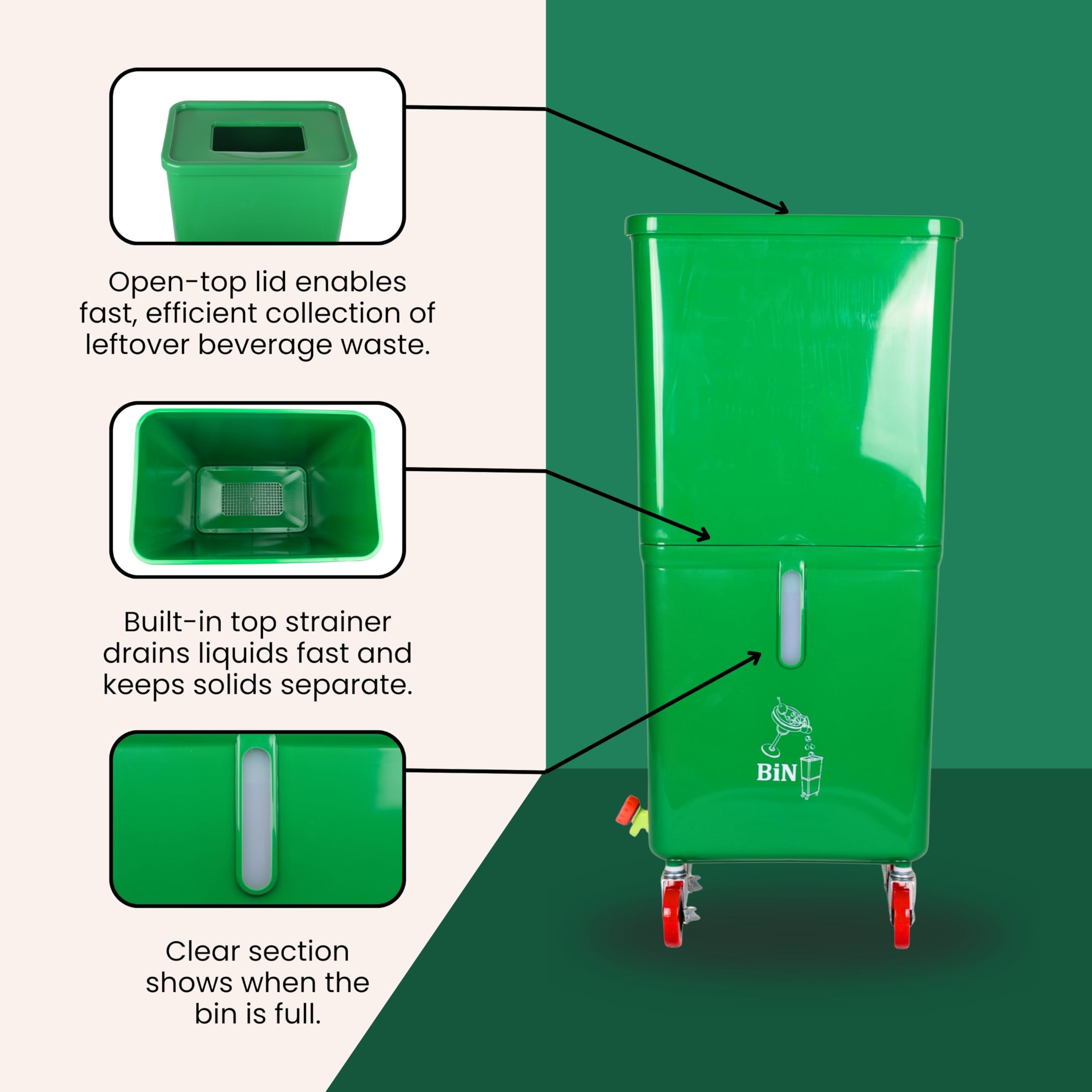 Cubo de basura de doble compartimento con ruedas de bloqueo, HDPE, 16 x 10 x 36 pulgadas, para bares, restaurantes y eventos (verde)