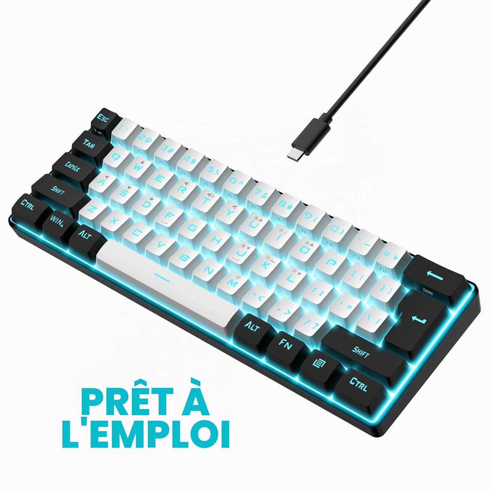 Sxhlseller 60% Mini Clavier de Jeu, 61 Touches Clavier USB Ergonomique rétroéclairé RVB, Clavier D'Ordinateur USB Filaire Programmable pour Ordinateur Portable de Bureau Windows (Blanc Noir)
