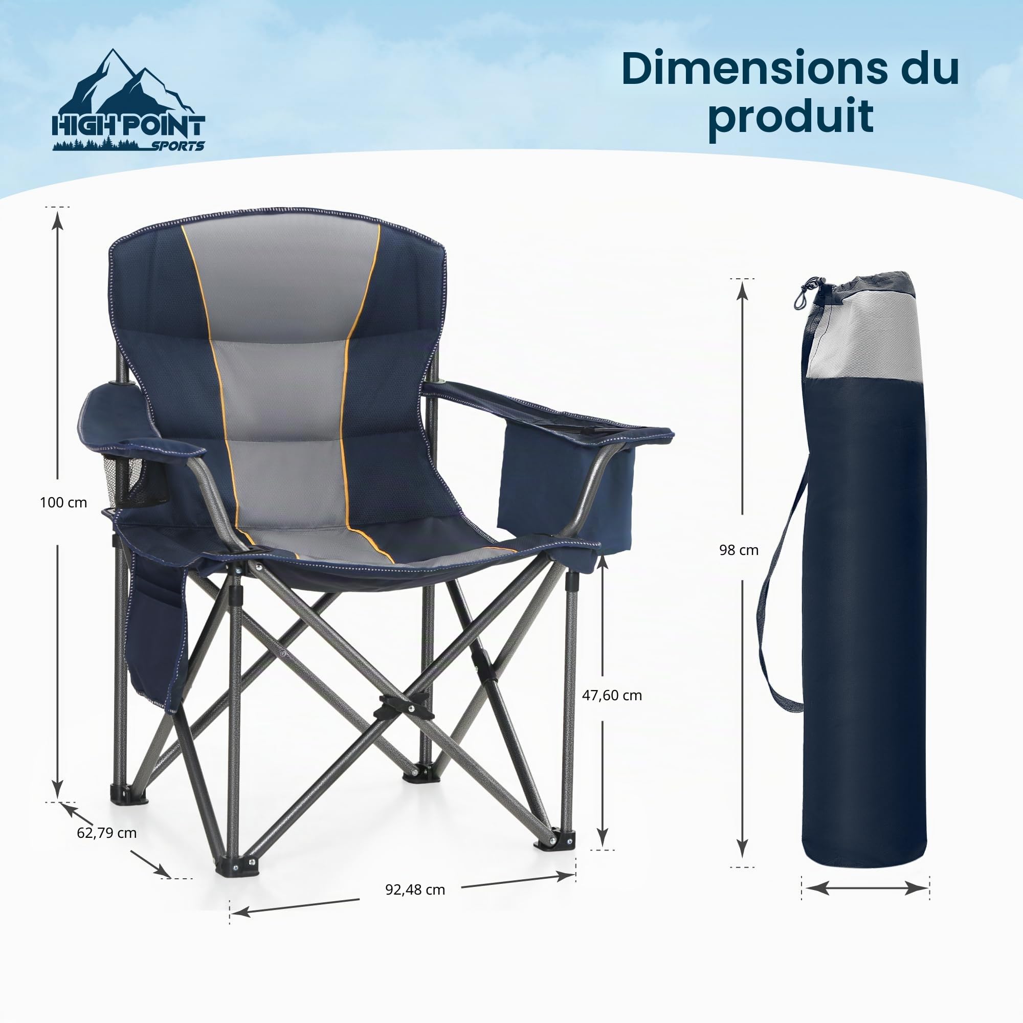 High Point Sports Chaise Pliante Camping Fauteuil Pliable Chaise de Plage 200KG Chargeable Chaise Pliante 62cm Largeur d'assise avec Poche latérale & Porte, Camping, Jardin, Pêche, Terrasse, Bleu