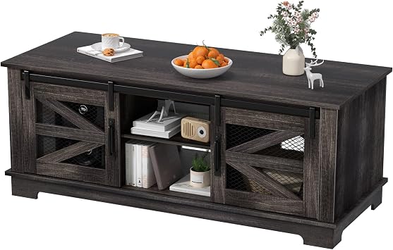 Coffee Table, Barn Style Coffee Table with Storage, Center Tables with Mesh Barn Door and Adjustable Shelf Living Room Tables, Dark Brown Ebony