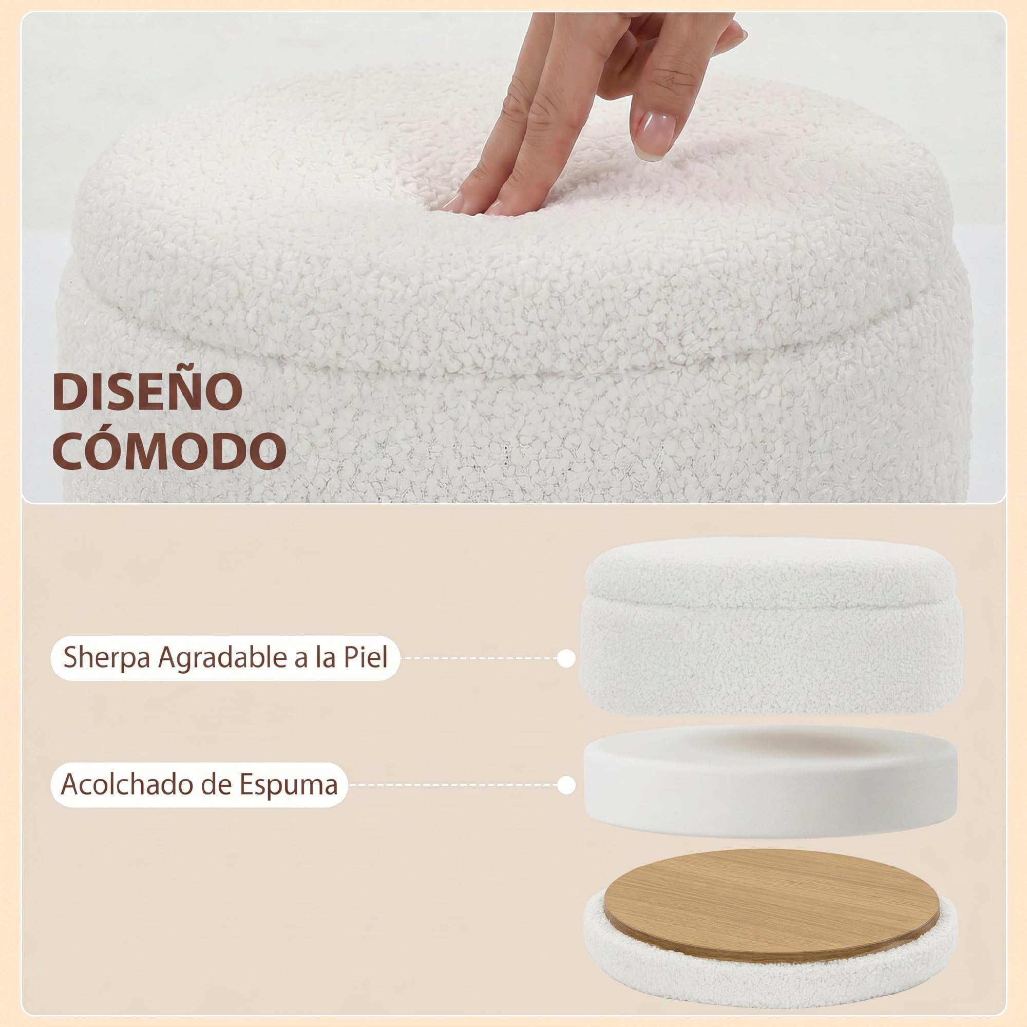 HOMCOM Puff Almacenaje Banco Almacenaje 33 L Redondo Ø36,5x46,5 cm Blanco | Baúl de Almacenamiento con Tapa, Tapizado en Borreguito, Carga 120 kg, Taburete para Salón, Dormitorio o Recibidor